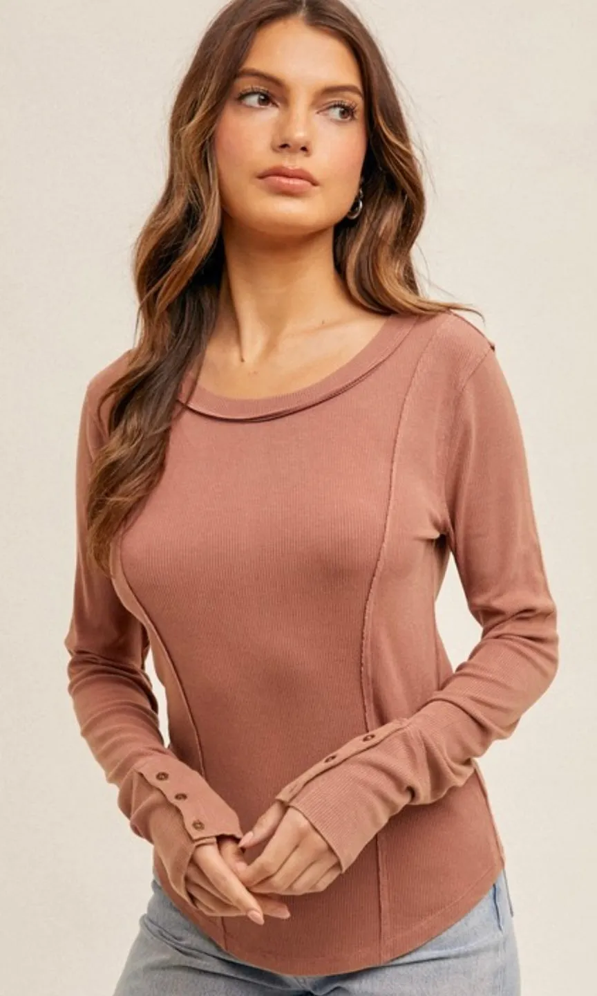 Adexa Desert Sand Snowwash Cuff Detail Ribbed Knit Top