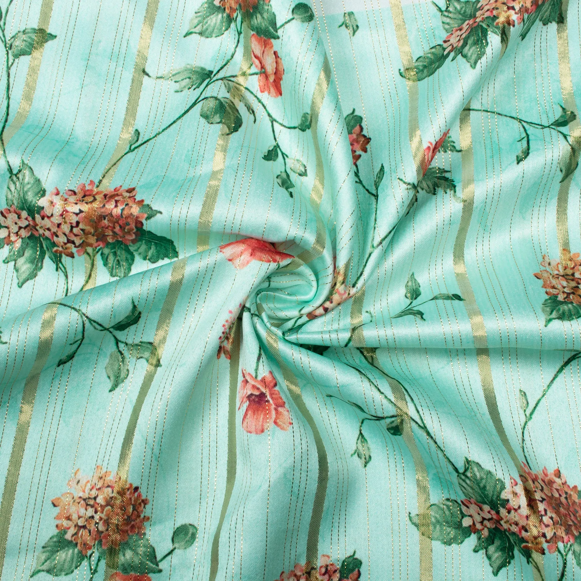 Aquamarine Blue And Red Floral Pattern Digital Print Golden Lurex Satin Fabric