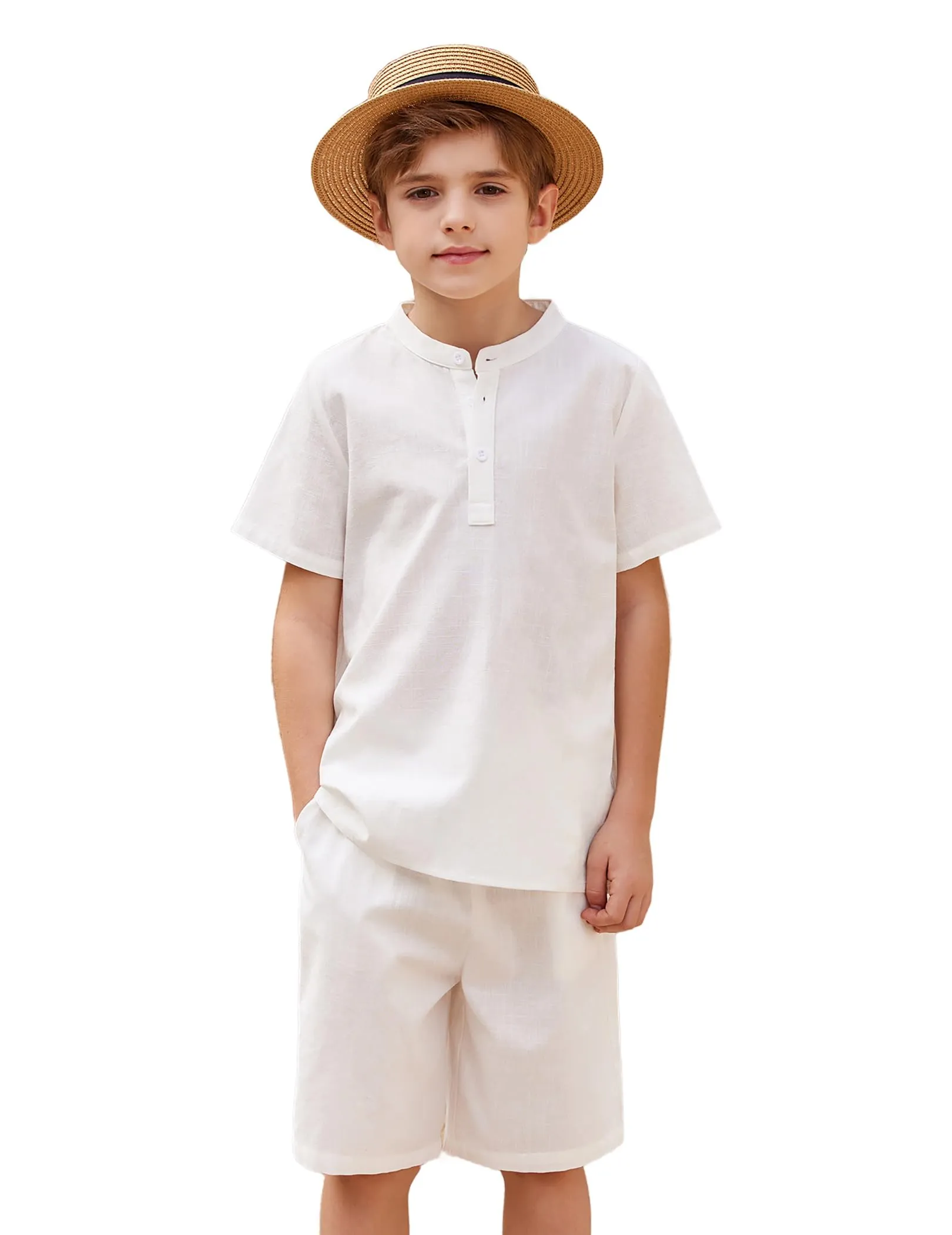 Arshiner Boy's 2 Pieces Linen Set Casual Henley Shirts Short Sleeve Beach Shorts Summer Shorts Outfits