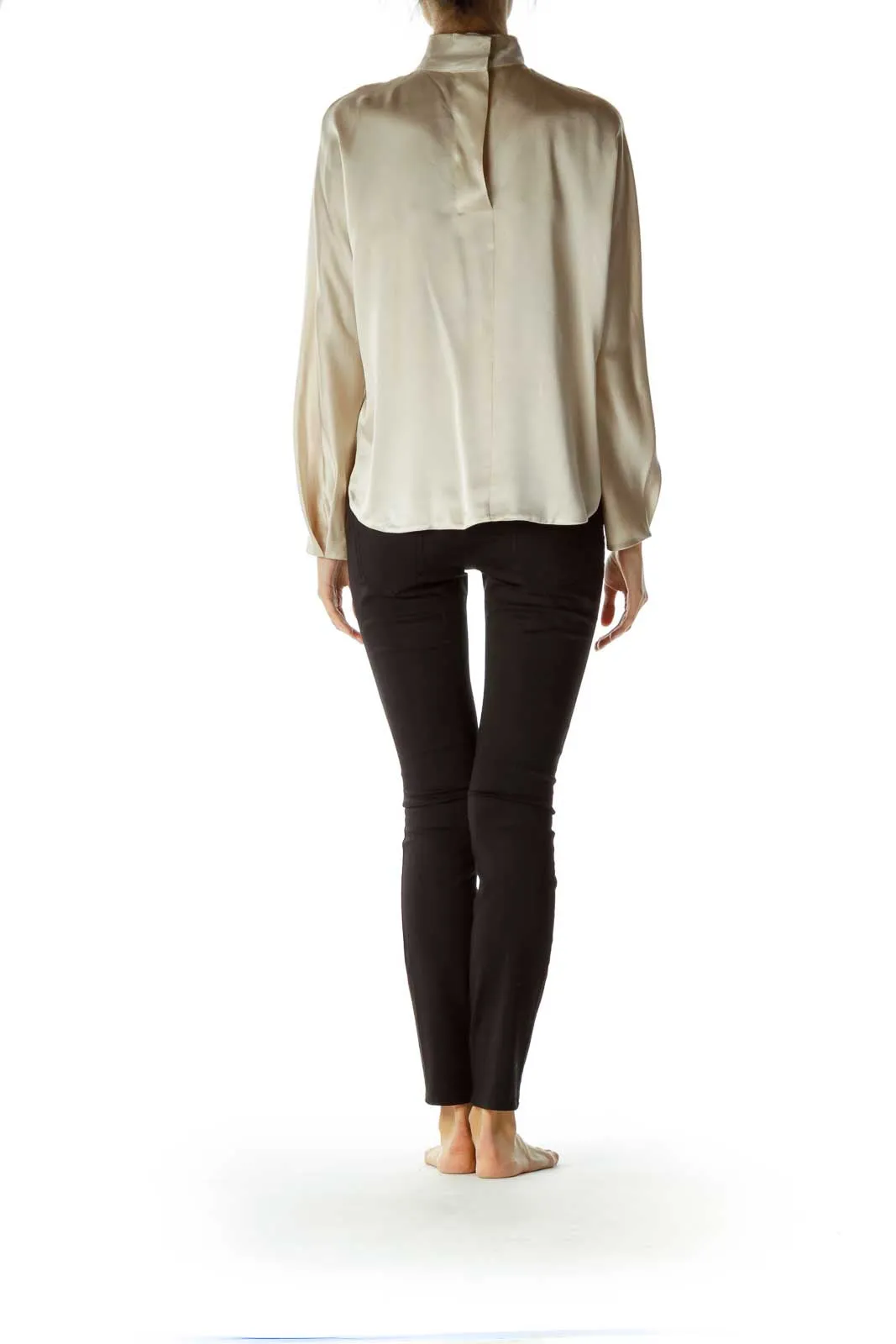 Beige 100% Silk Shiny Long Sleeve Shirt