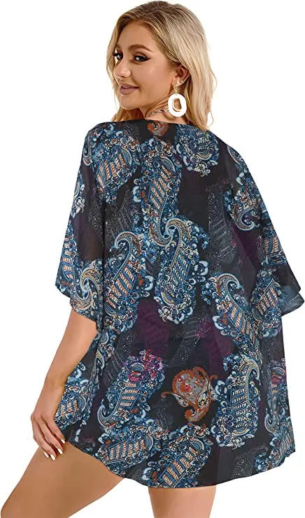 Black Flowers Print Women's Floral Print Puff Sleeve Kimono Cardigan Loose Cover Up Casual Blouse Tops - Chicgal