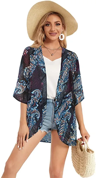 Black Flowers Print Women's Floral Print Puff Sleeve Kimono Cardigan Loose Cover Up Casual Blouse Tops - Chicgal