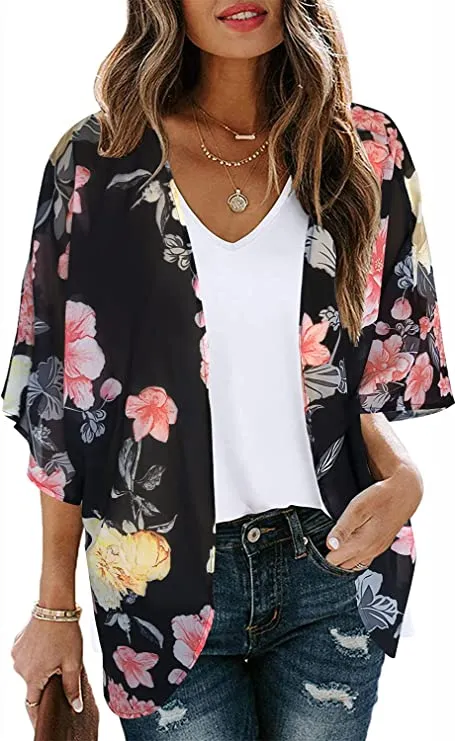 Black Flowers Print Women's Floral Print Puff Sleeve Kimono Cardigan Loose Cover Up Casual Blouse Tops - Chicgal