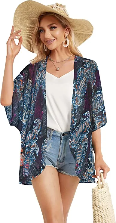 Black Flowers Print Women's Floral Print Puff Sleeve Kimono Cardigan Loose Cover Up Casual Blouse Tops - Chicgal