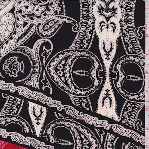 Black/Ivory/Red Stylized Medallion Crepe Georgette Fabric