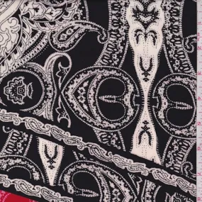 Black/Ivory/Red Stylized Medallion Crepe Georgette Fabric