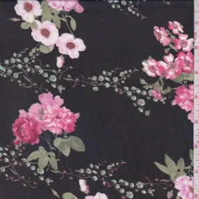 Black/Orchid Pink Floral Georgette Fabric