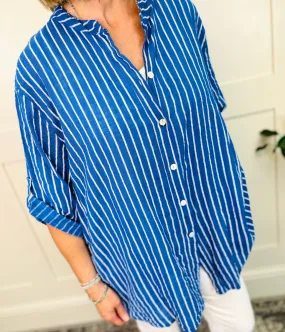 Blue Cotton Striped Grandad Collar Shirt