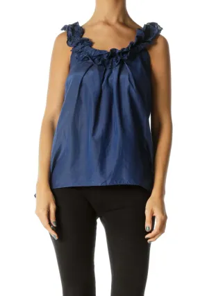 Blue V-Neck Ruffled Neckline 100% Silk Shiny Tank Top