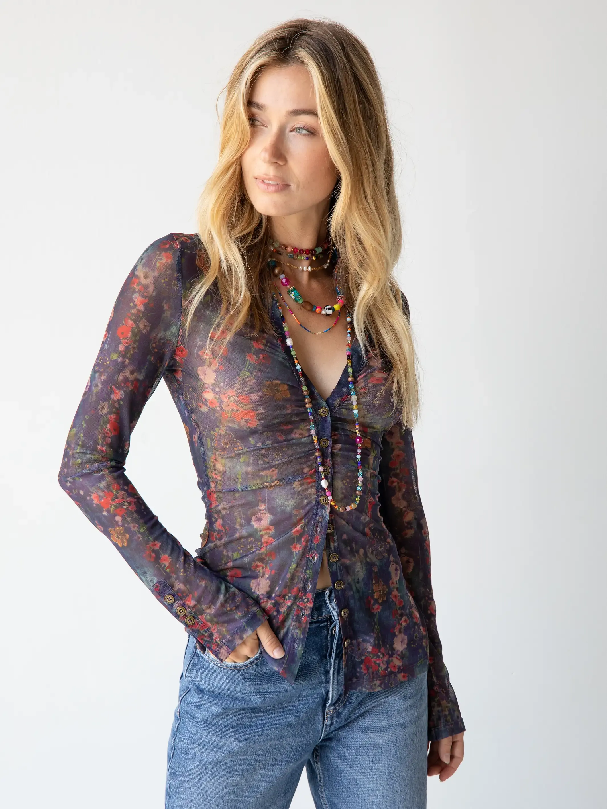 Carina Mesh Top - Watercolor Indigo Floral