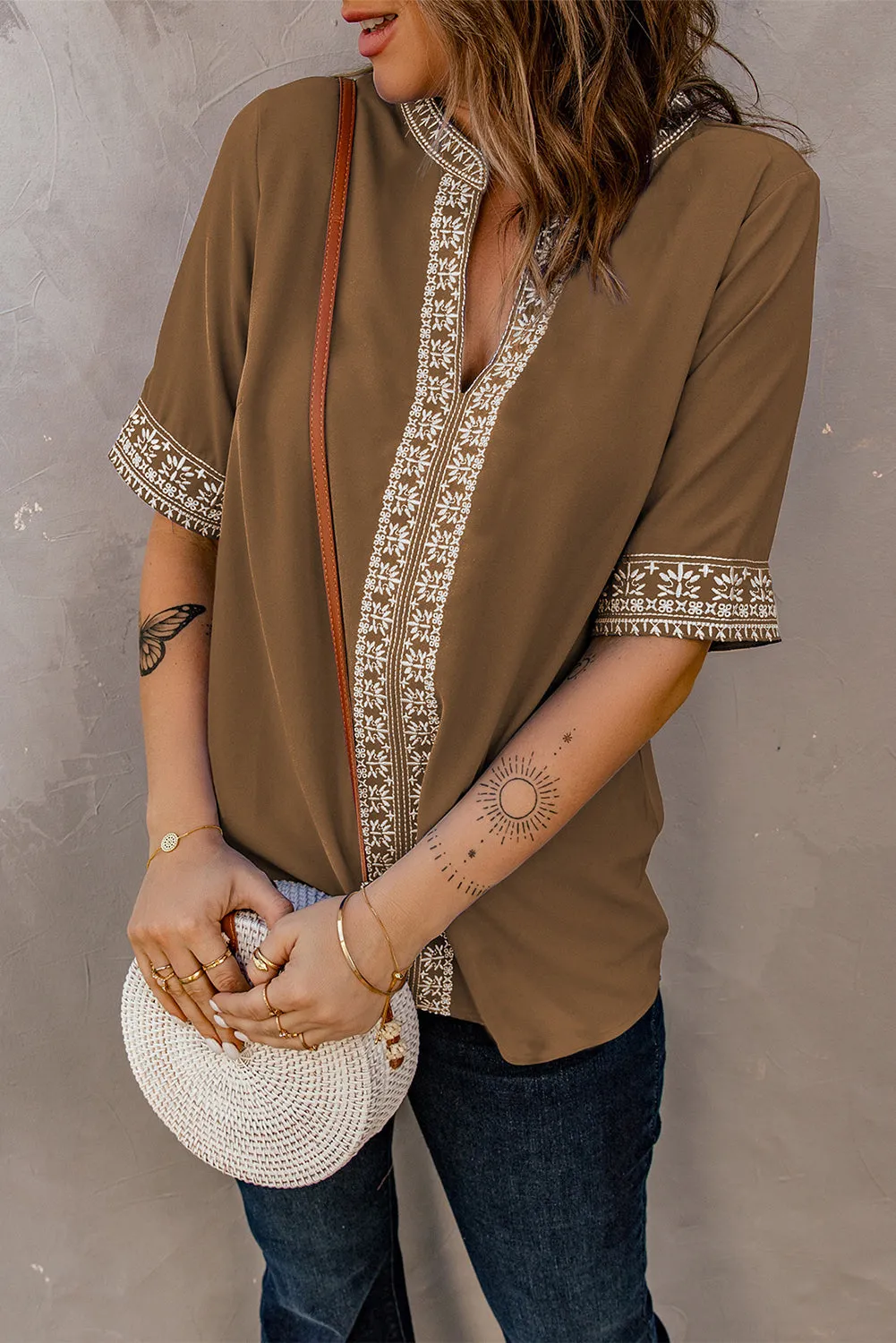 Chic Boho V Neckline Half Sleeve Blouse