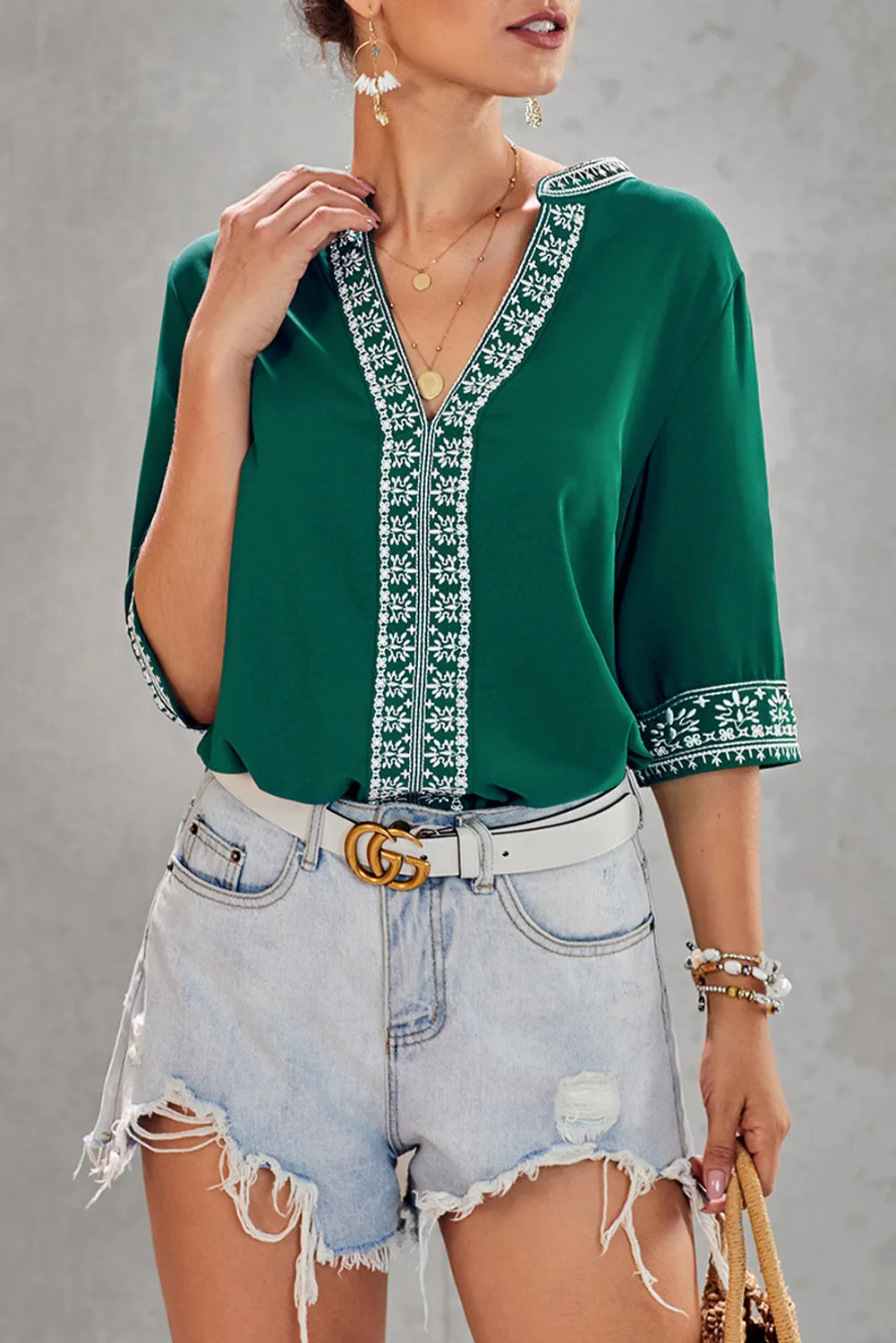 Chic Boho V Neckline Half Sleeve Blouse