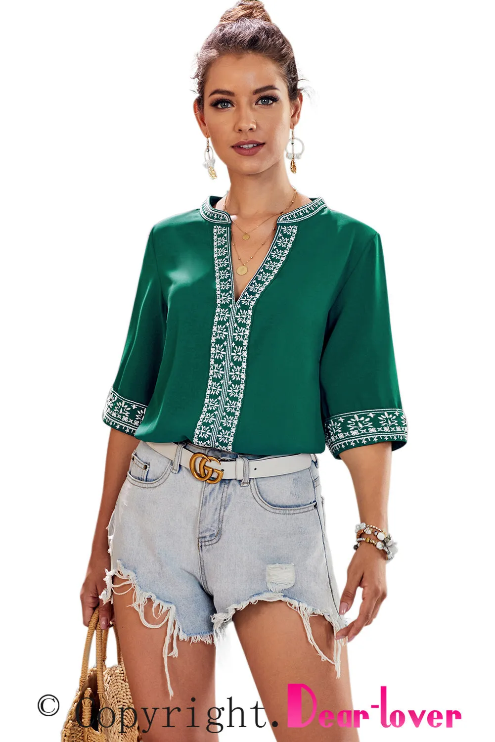 Chic Boho V Neckline Half Sleeve Blouse