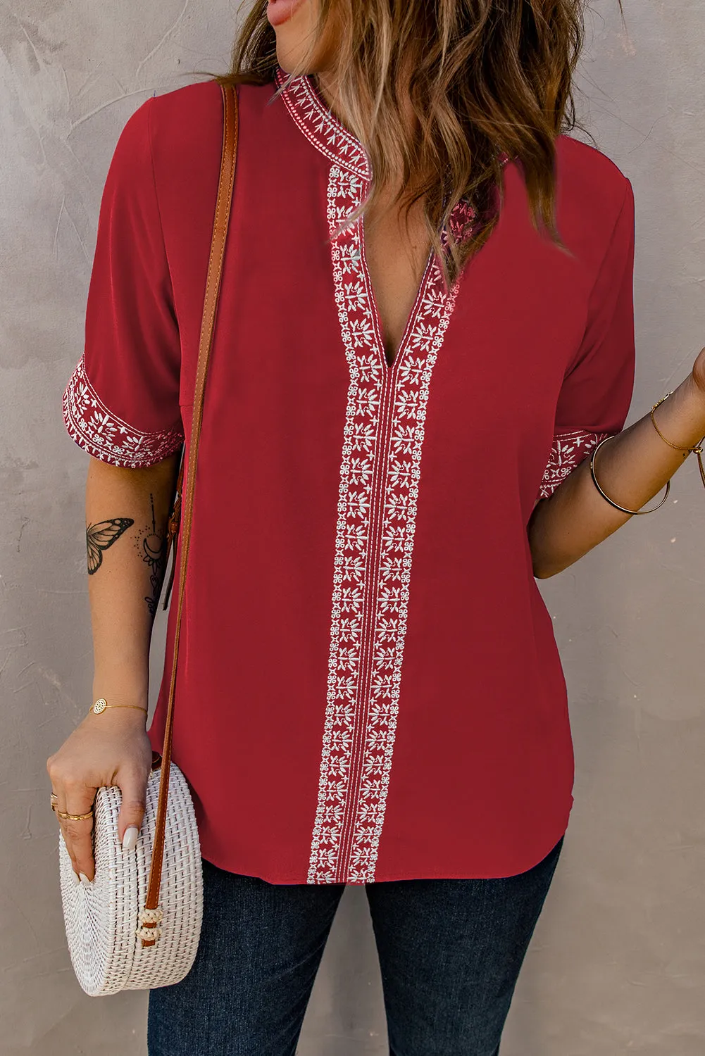 Chic Boho V Neckline Half Sleeve Blouse