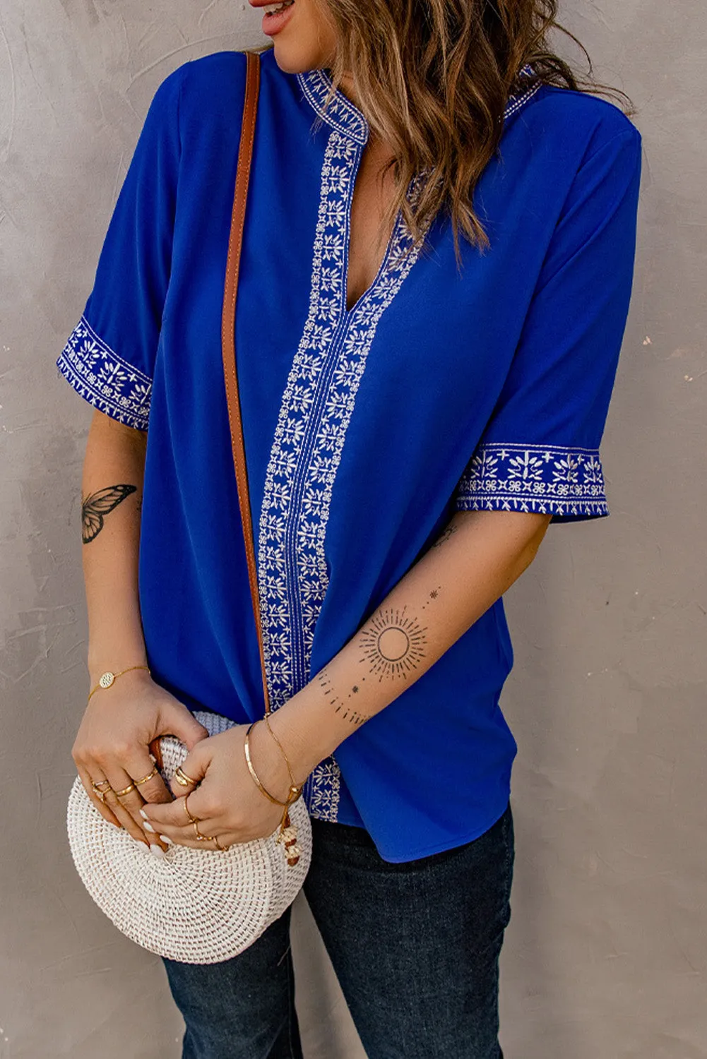 Chic Boho V Neckline Half Sleeve Blouse