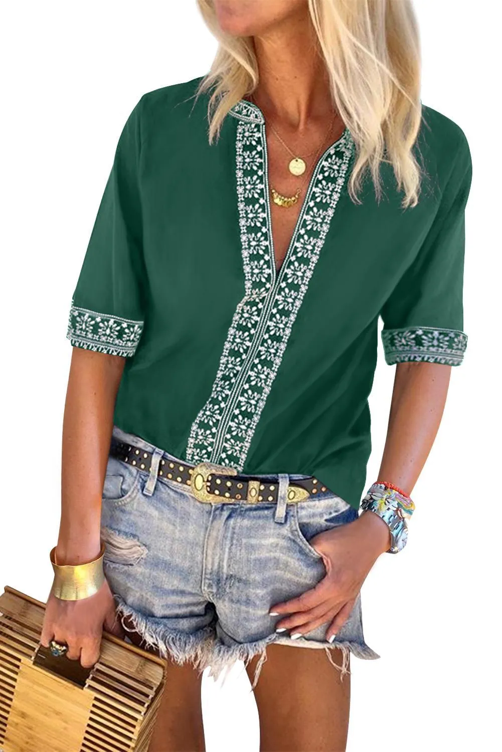 Chic Boho V Neckline Half Sleeve Blouse