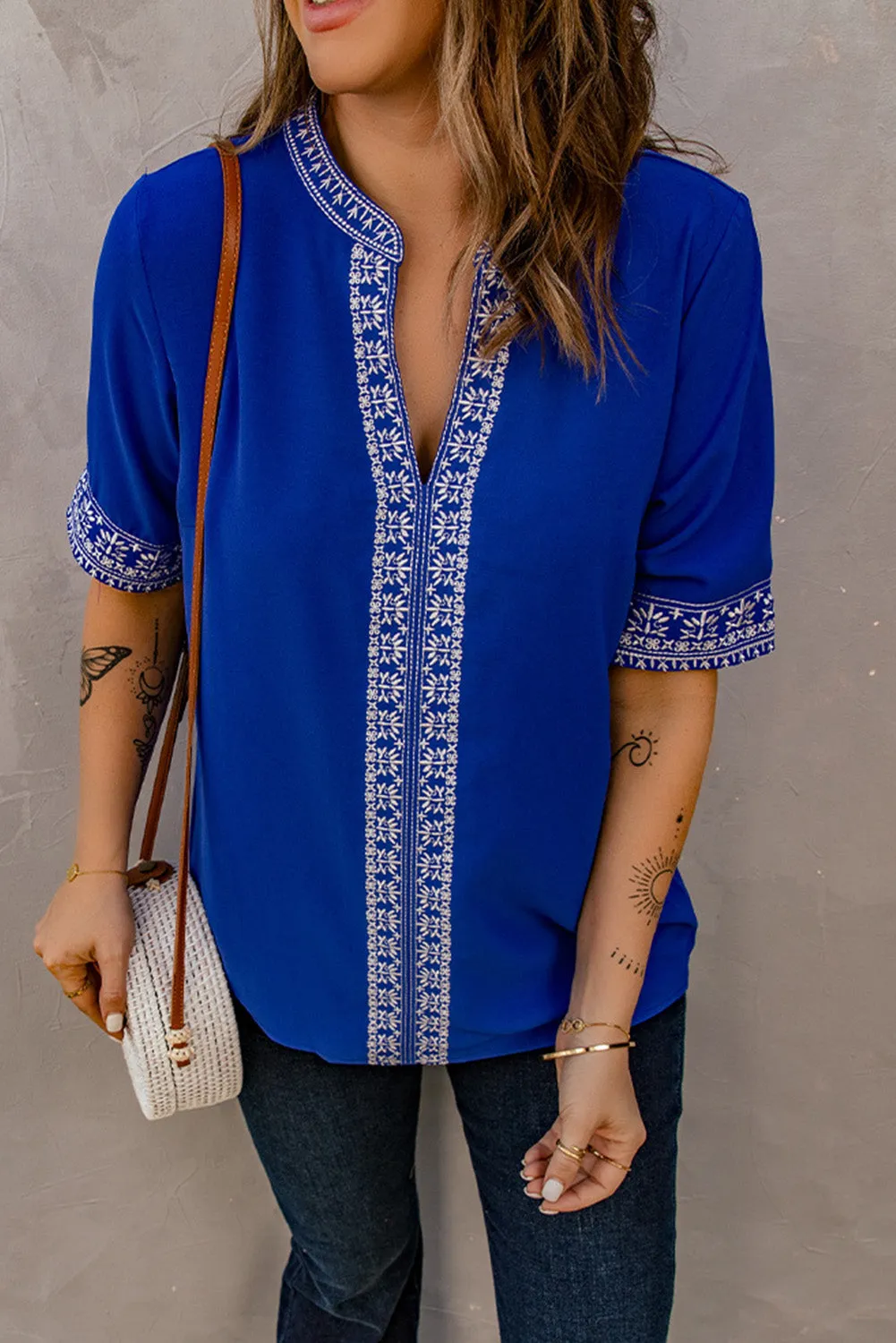 Chic Boho V Neckline Half Sleeve Blouse