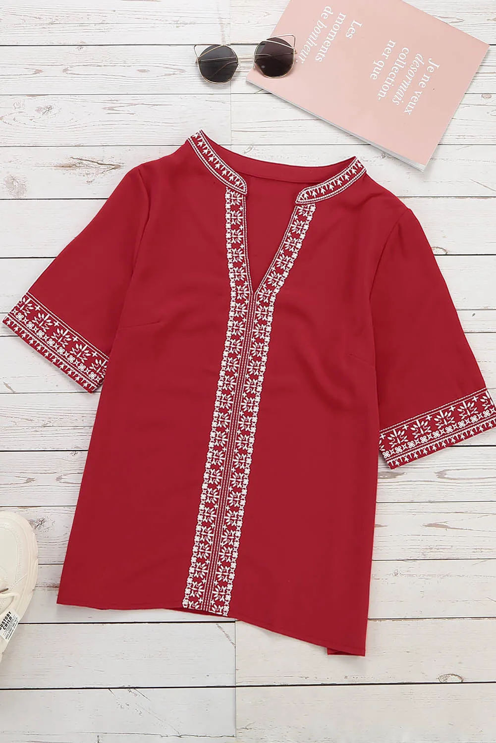 Chic Boho V Neckline Half Sleeve Blouse