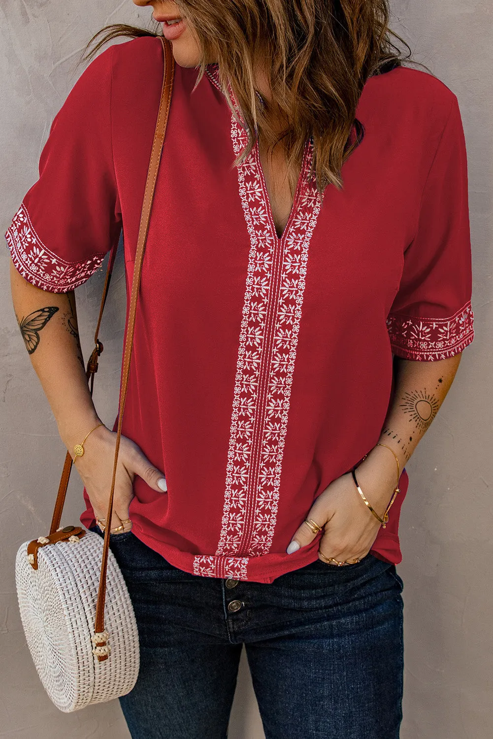 Chic Boho V Neckline Half Sleeve Blouse