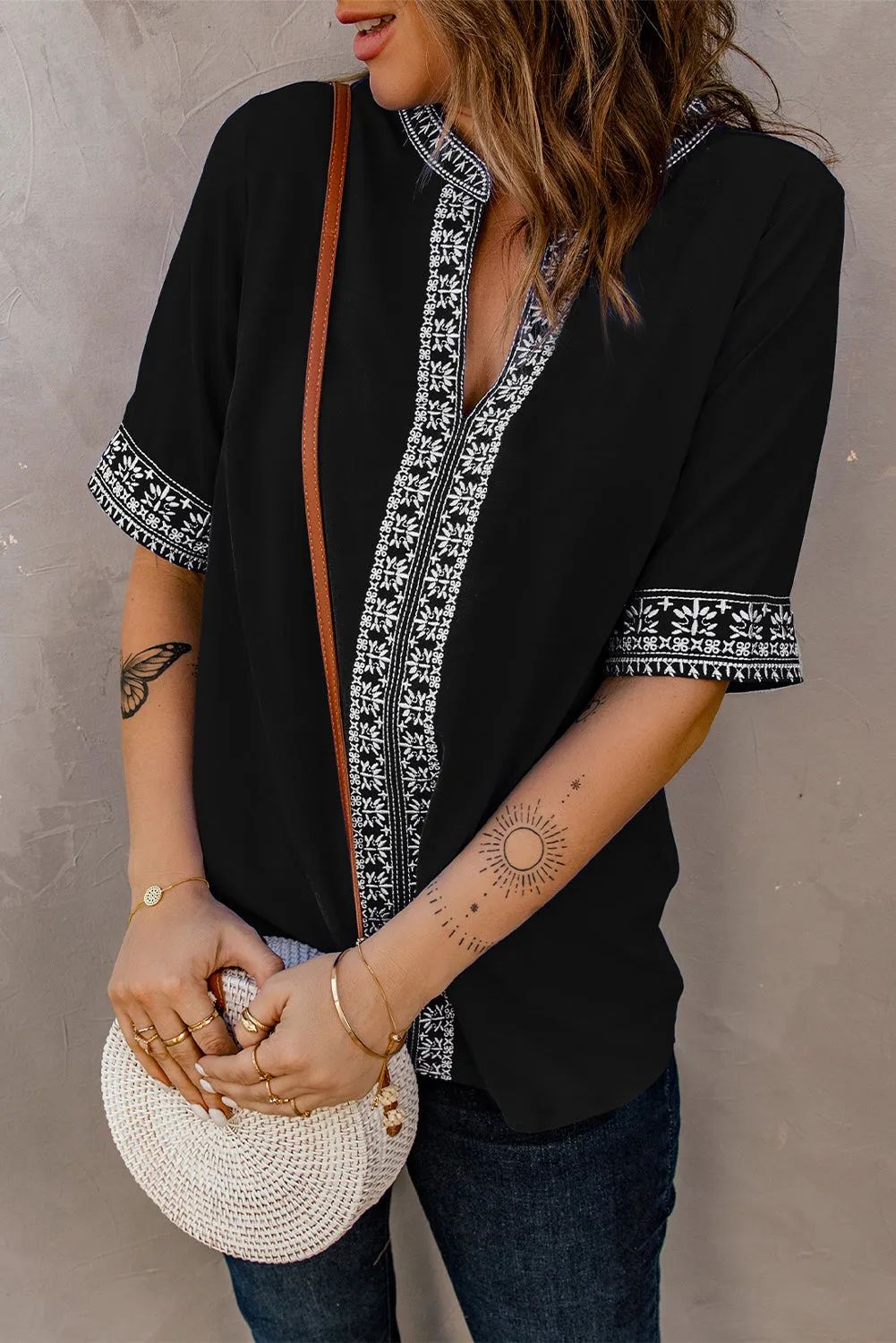 Chic Boho V Neckline Half Sleeve Blouse