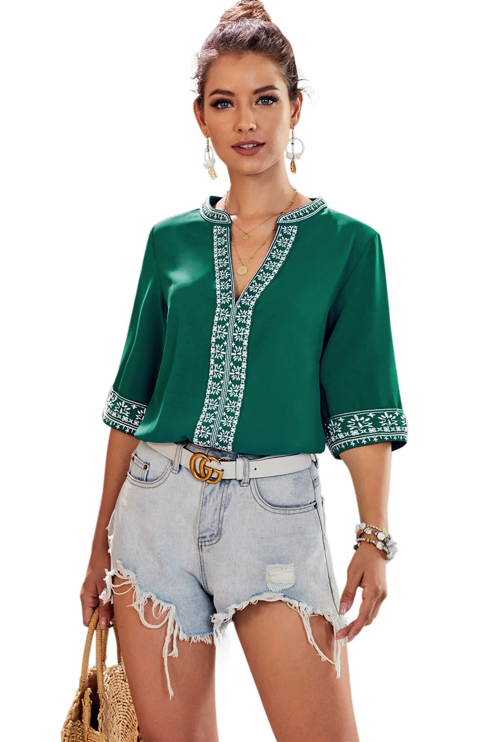 Chic Boho V Neckline Half Sleeve Blouse