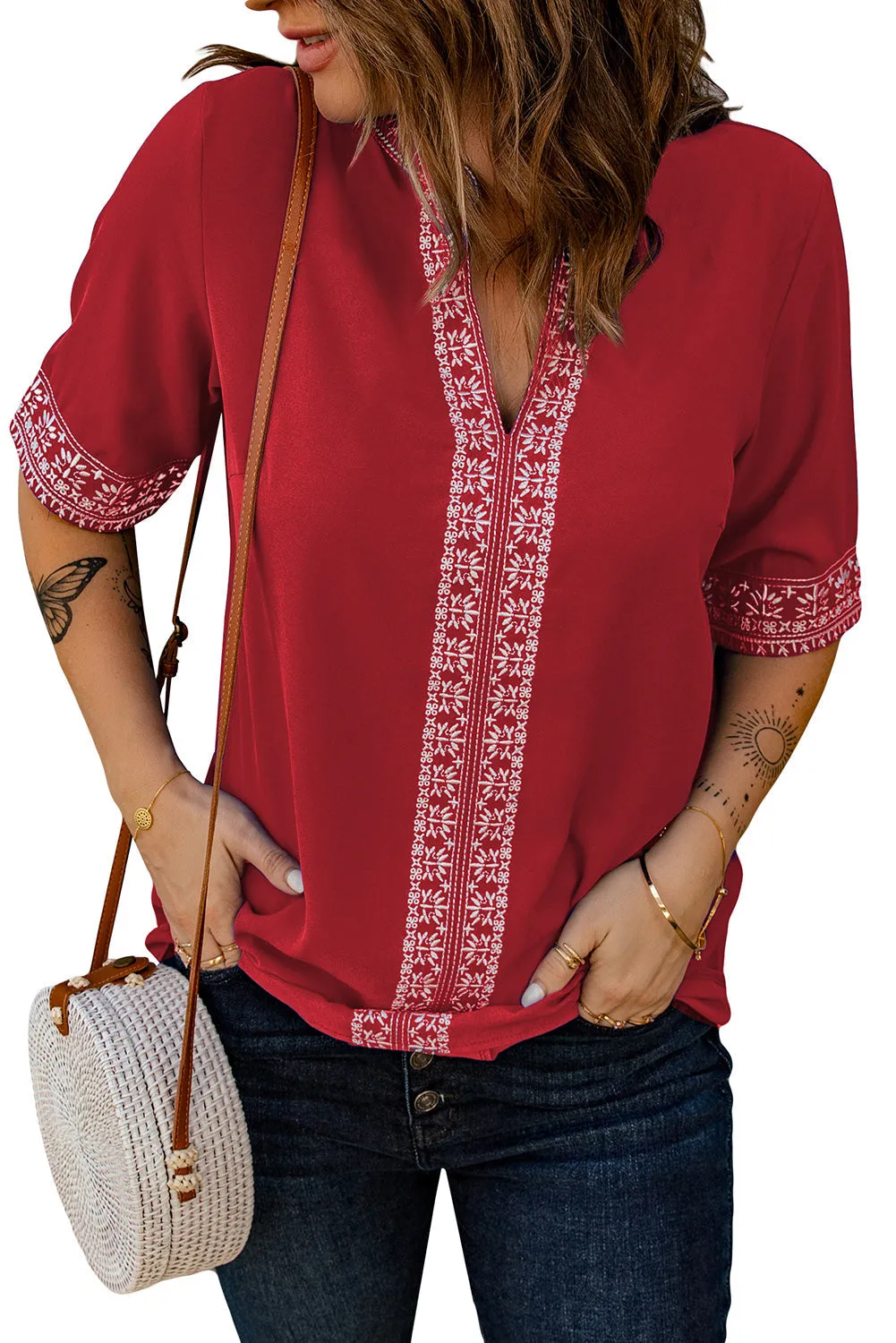 Chic Boho V Neckline Half Sleeve Blouse