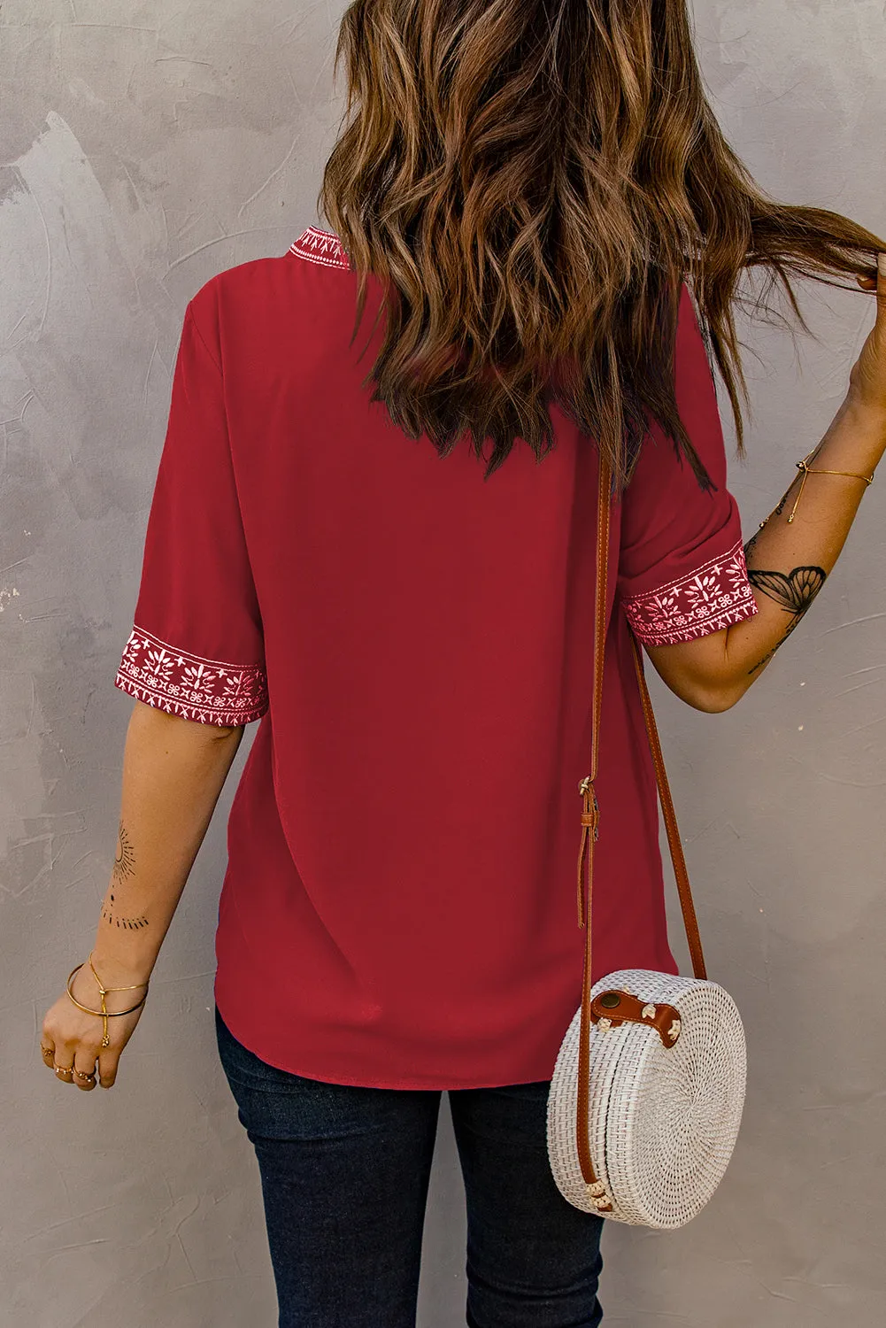 Chic Boho V Neckline Half Sleeve Blouse