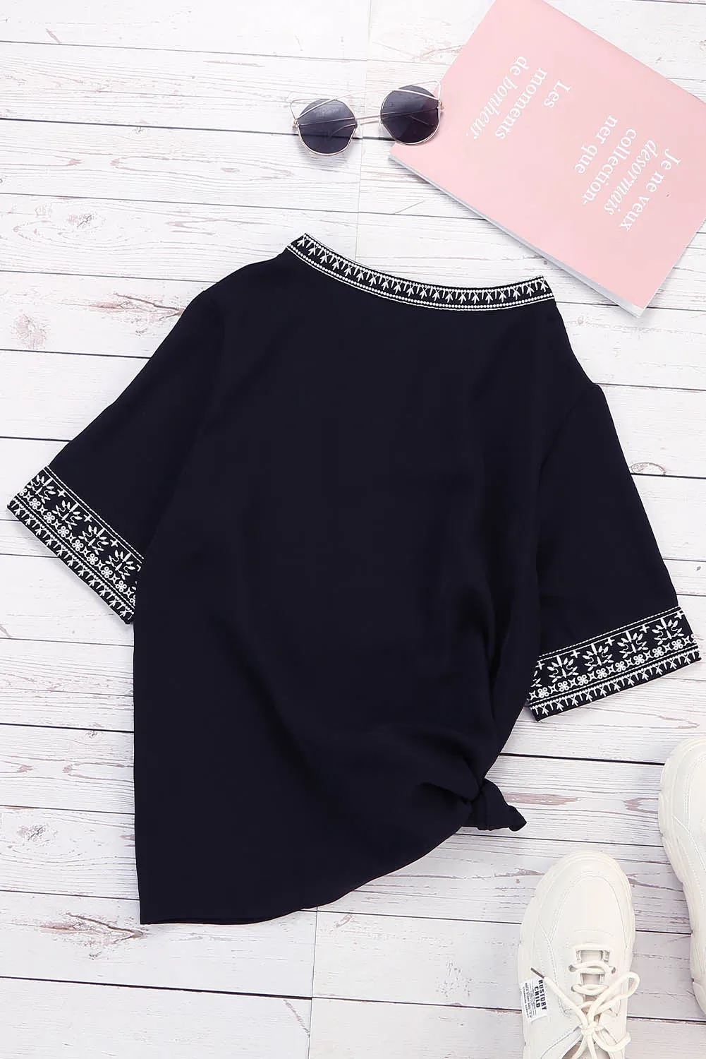 Chic Boho V Neckline Half Sleeve Blouse