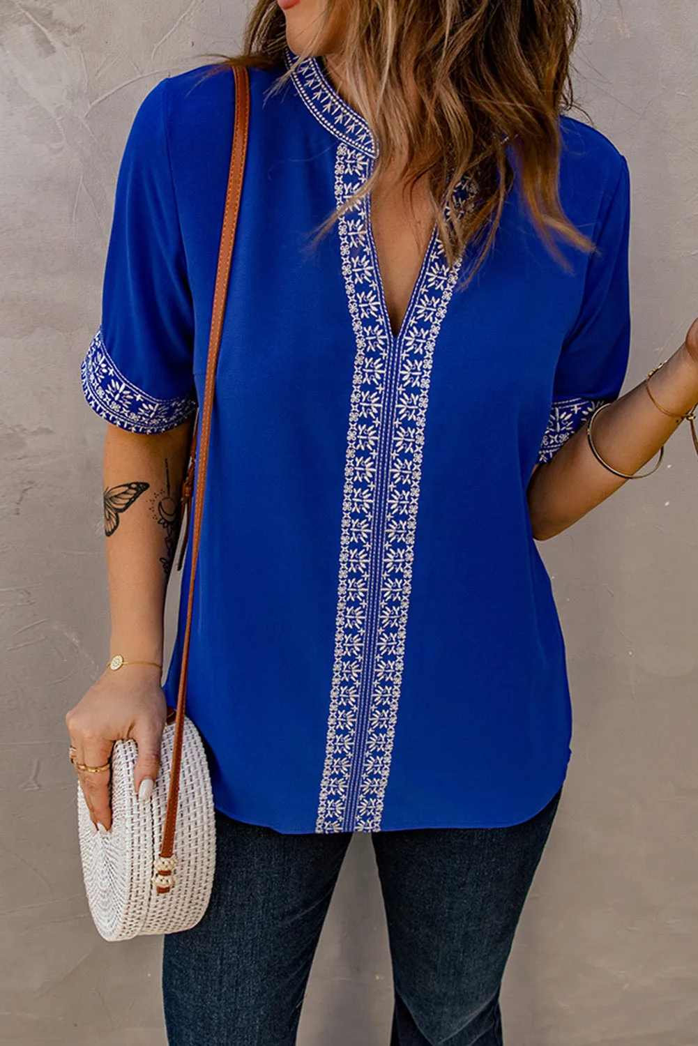 Chic Boho V Neckline Half Sleeve Blouse