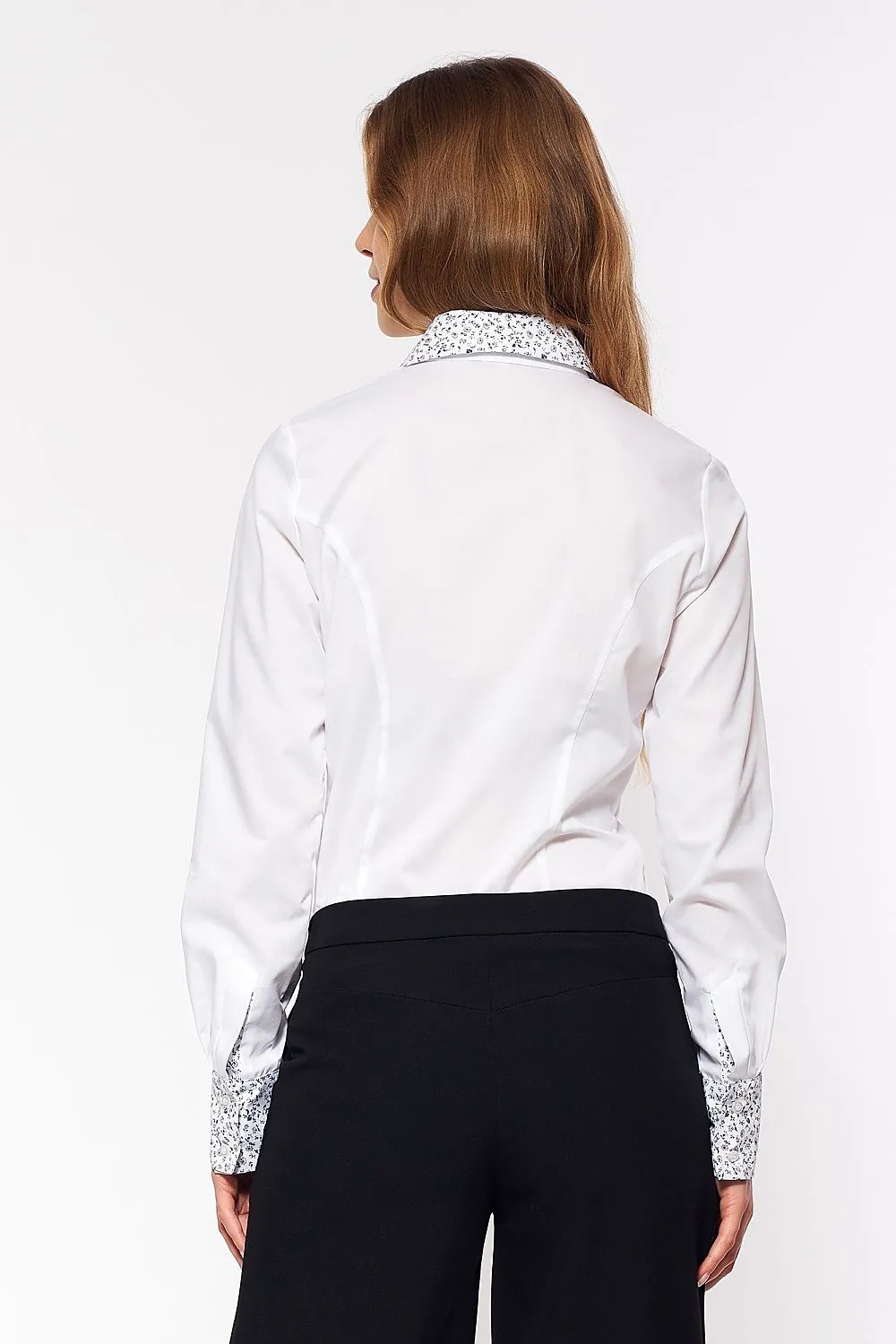 Chic White Office Shirt with Patterned Placket and Cuffs