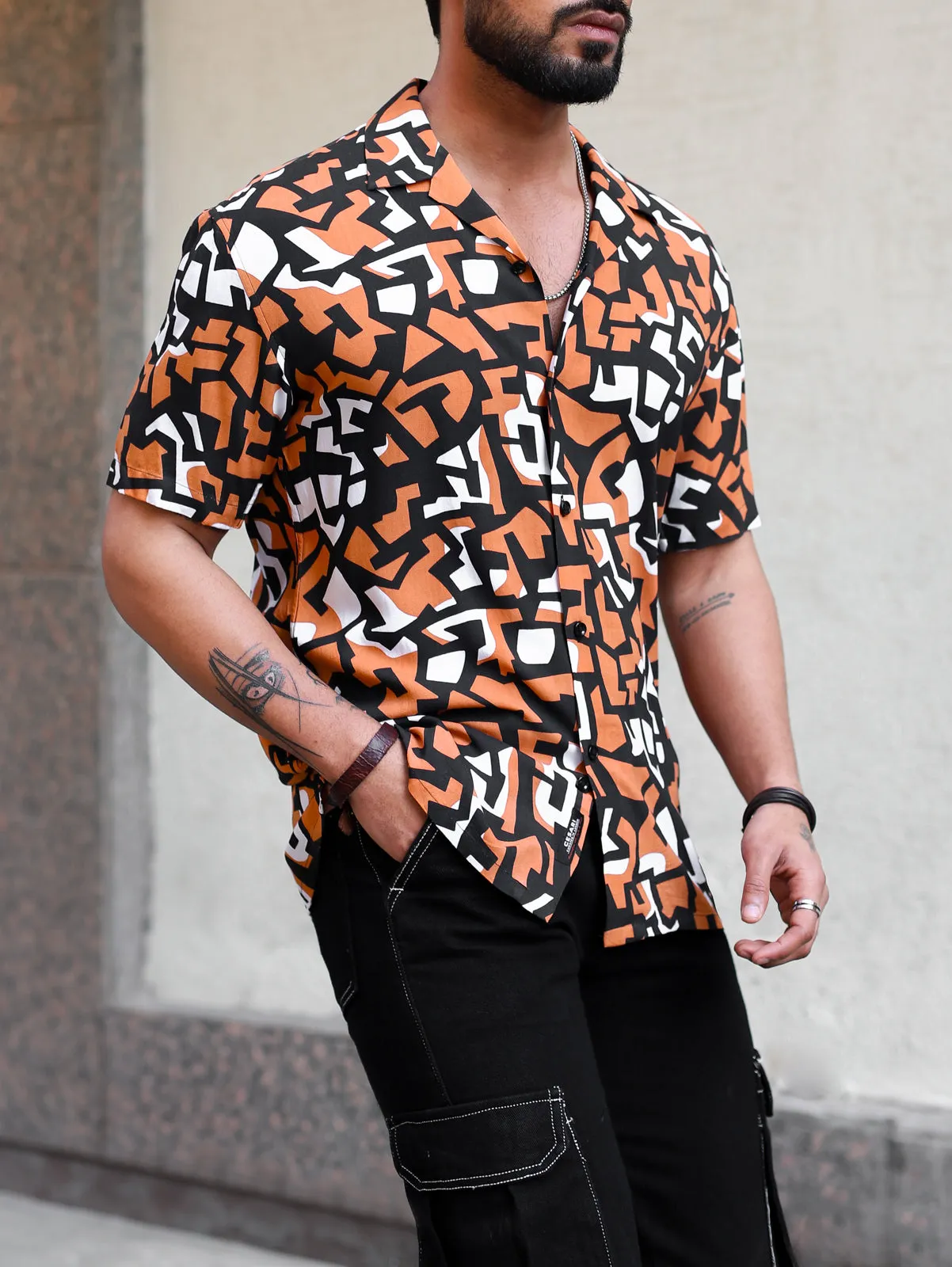 Coral Black Abstract Print Cuban Shirt