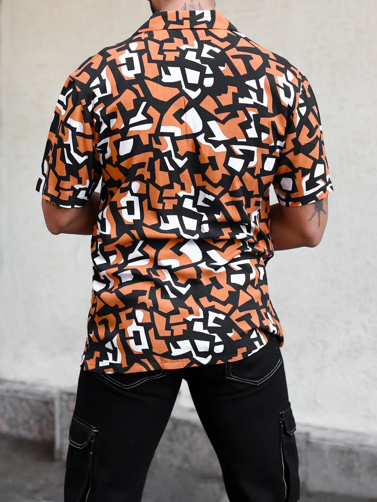 Coral Black Abstract Print Cuban Shirt