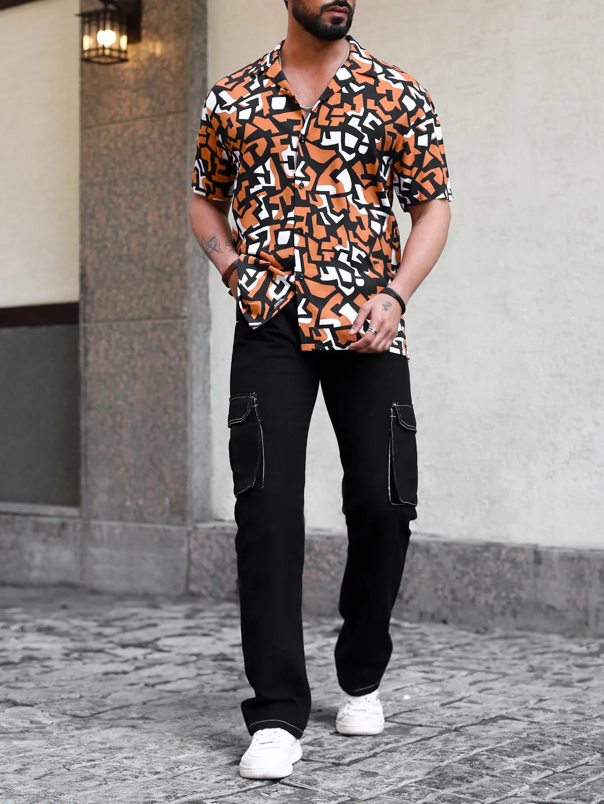 Coral Black Abstract Print Cuban Shirt