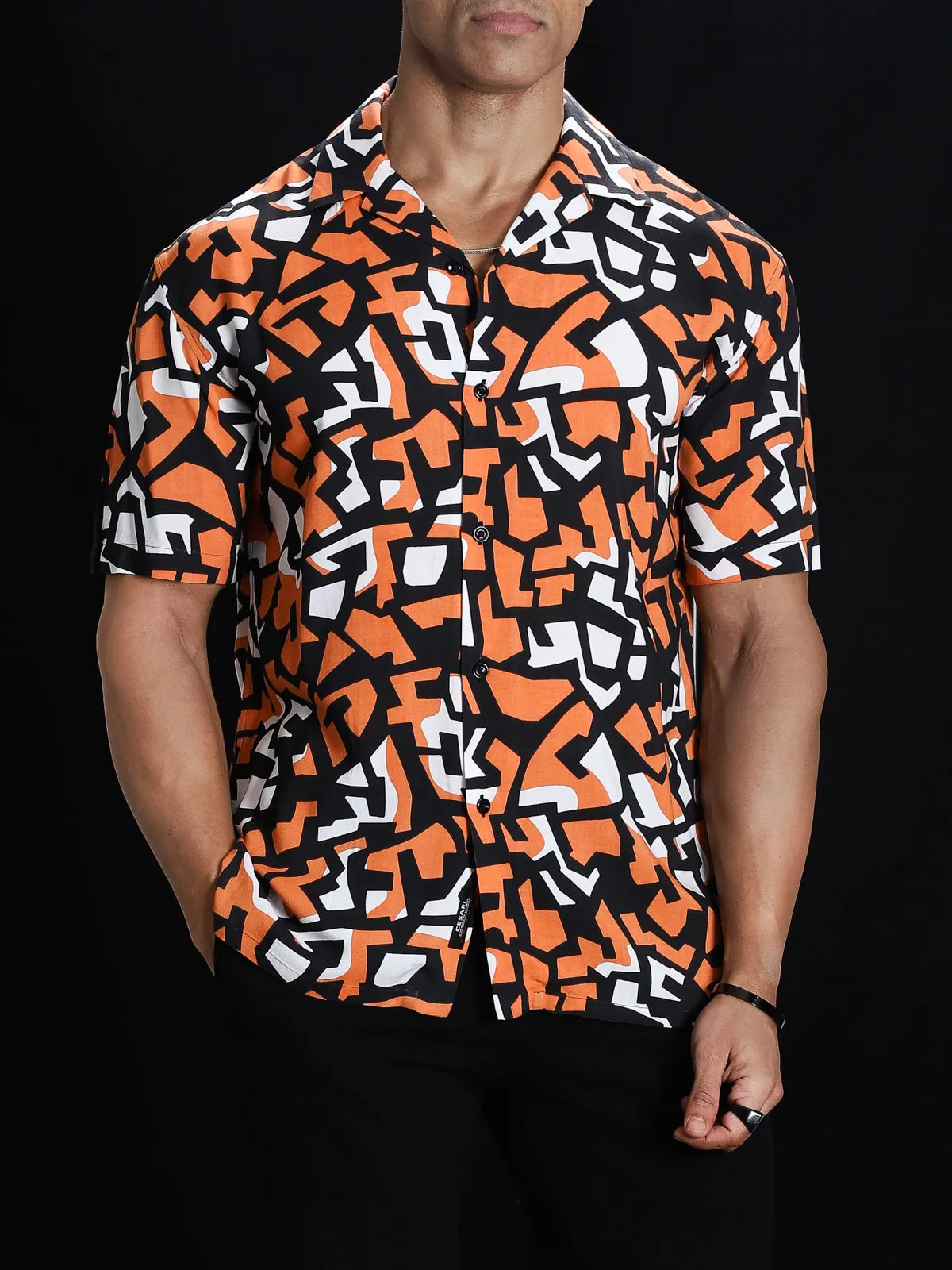 Coral Black Abstract Print Cuban Shirt