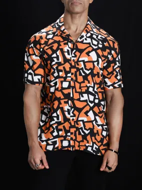 Coral Black Abstract Print Cuban Shirt