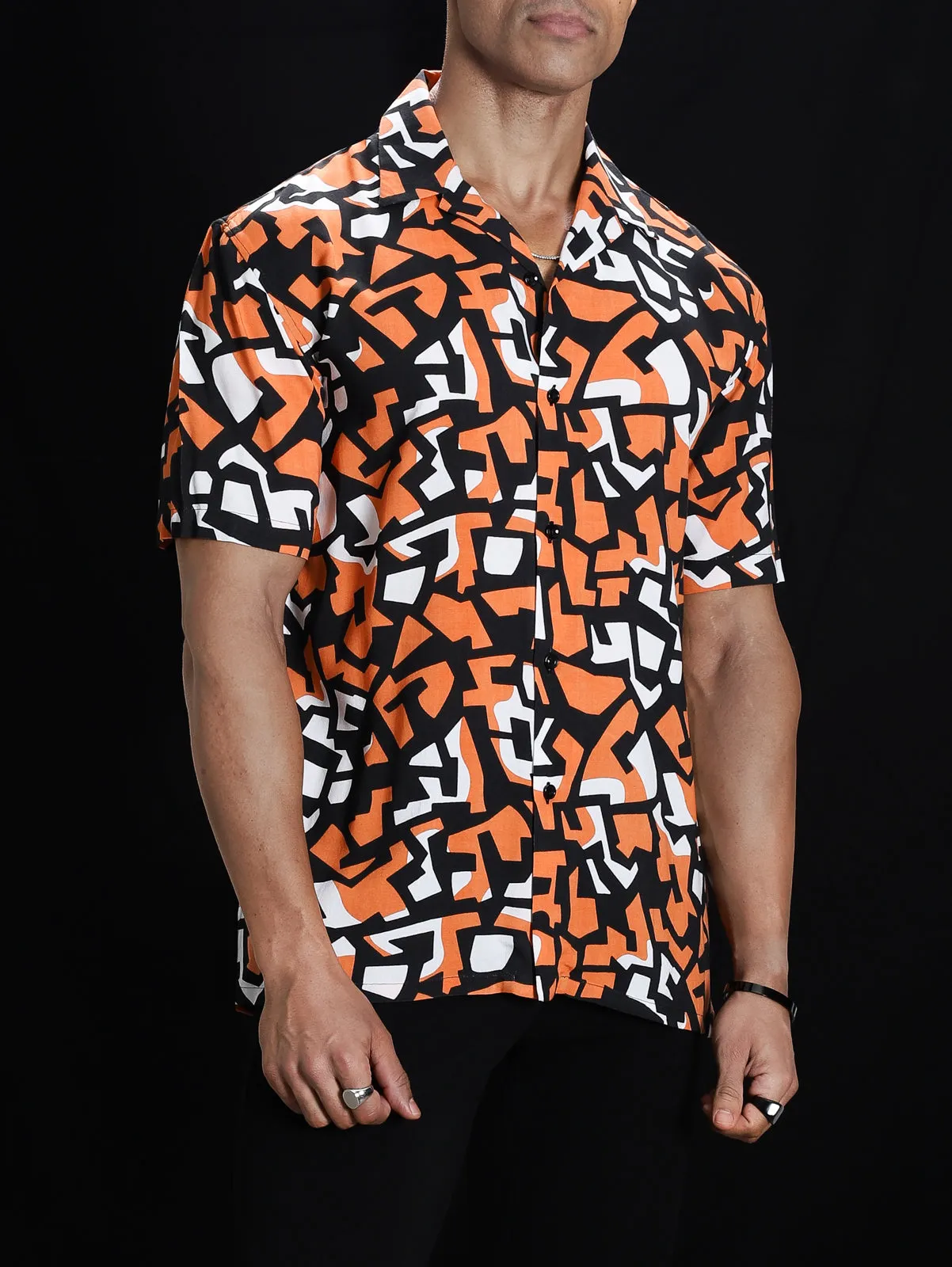 Coral Black Abstract Print Cuban Shirt