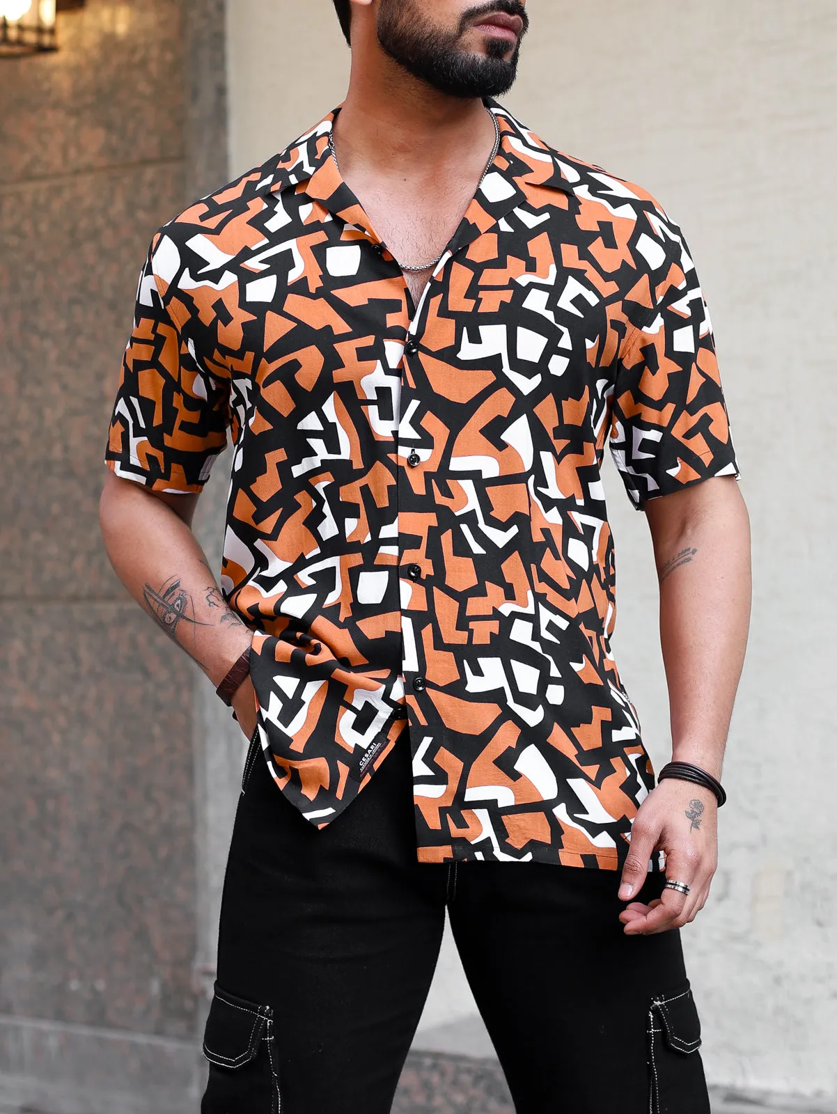 Coral Black Abstract Print Cuban Shirt