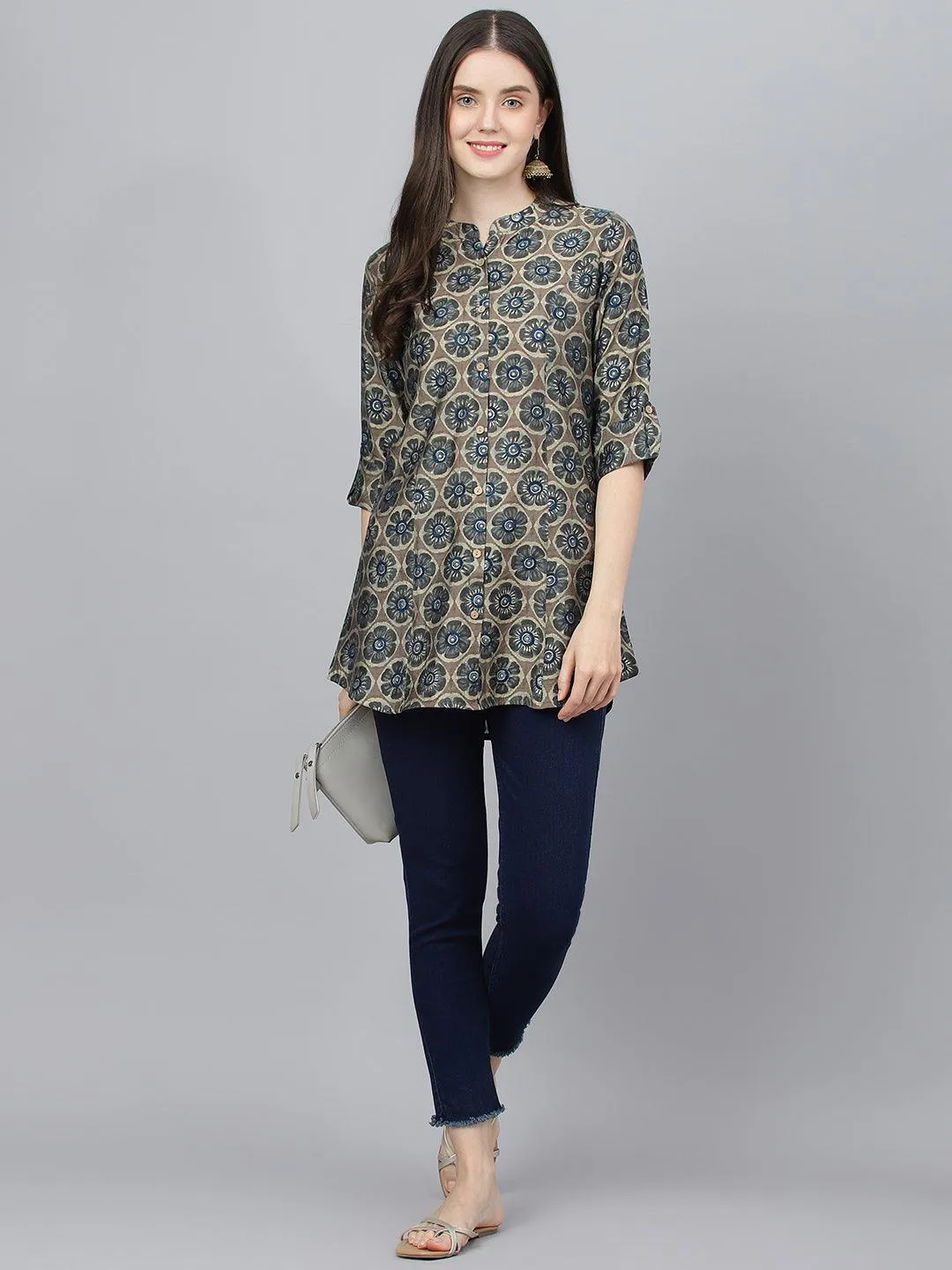 Divena Brown Floral Printed Modal A-Line Shirts Style Top