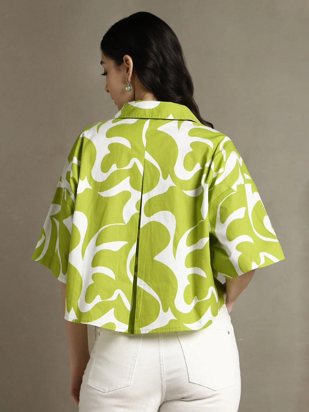 DL Woman Green Printed Spread Collar Half Sleeves Oversized Shirt