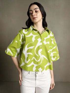 DL Woman Green Printed Spread Collar Half Sleeves Oversized Shirt