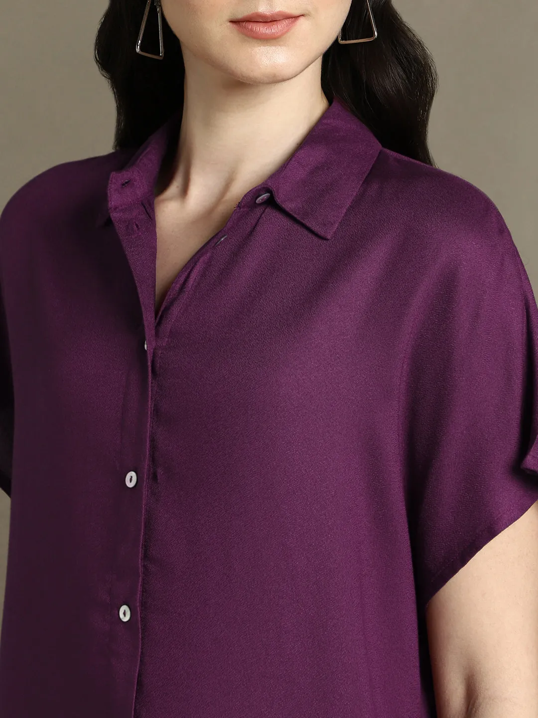 DL Woman Purple Solid Spread Collar Half Sleeves Oversized Shirt