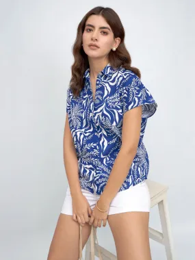 DL Woman Spread Collar Regular Fit Tropical Print Blue Shirt