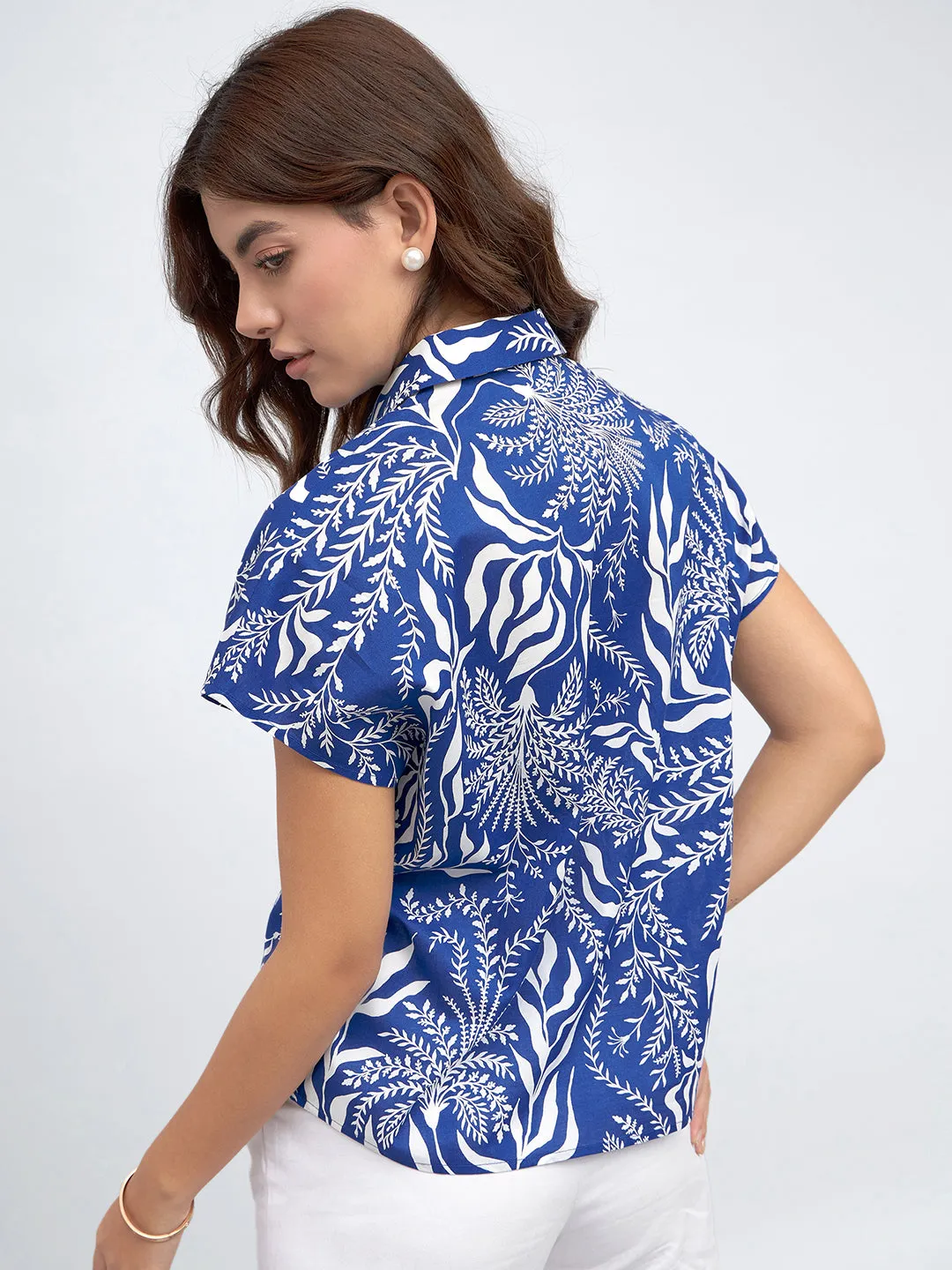 DL Woman Spread Collar Regular Fit Tropical Print Blue Shirt