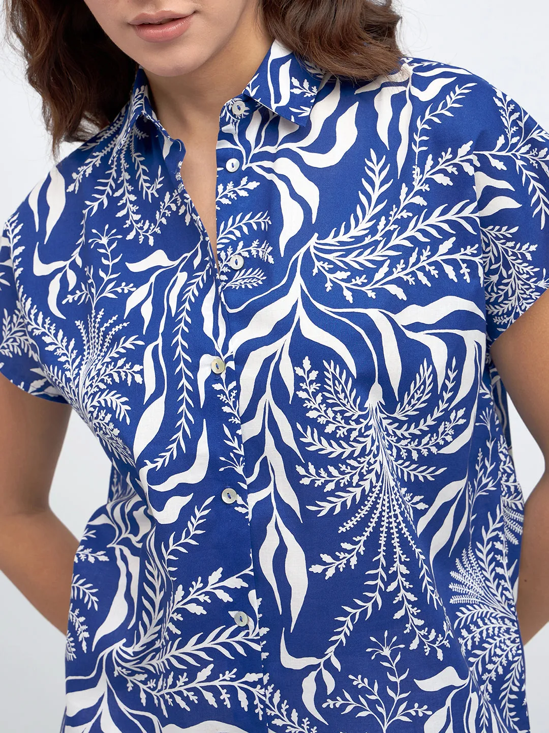 DL Woman Spread Collar Regular Fit Tropical Print Blue Shirt