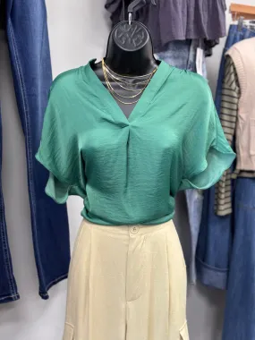 Drop Shoulder Soft v-Neck Blouse, Green