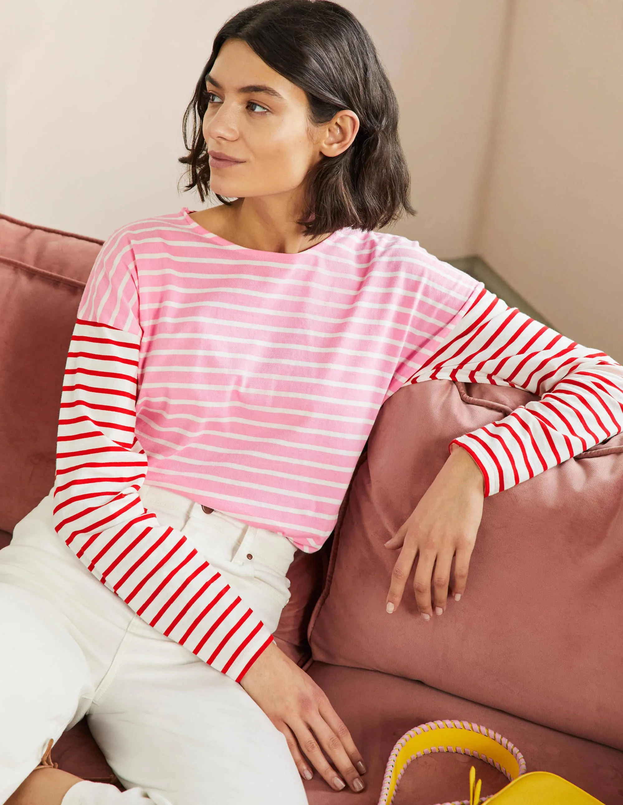 Dropped Shoulder Breton Top-Sachet Pink / Ivory Stripe