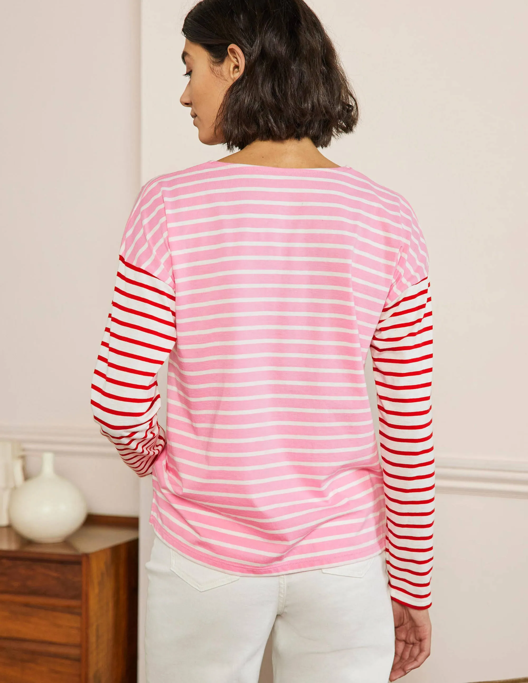 Dropped Shoulder Breton Top-Sachet Pink / Ivory Stripe