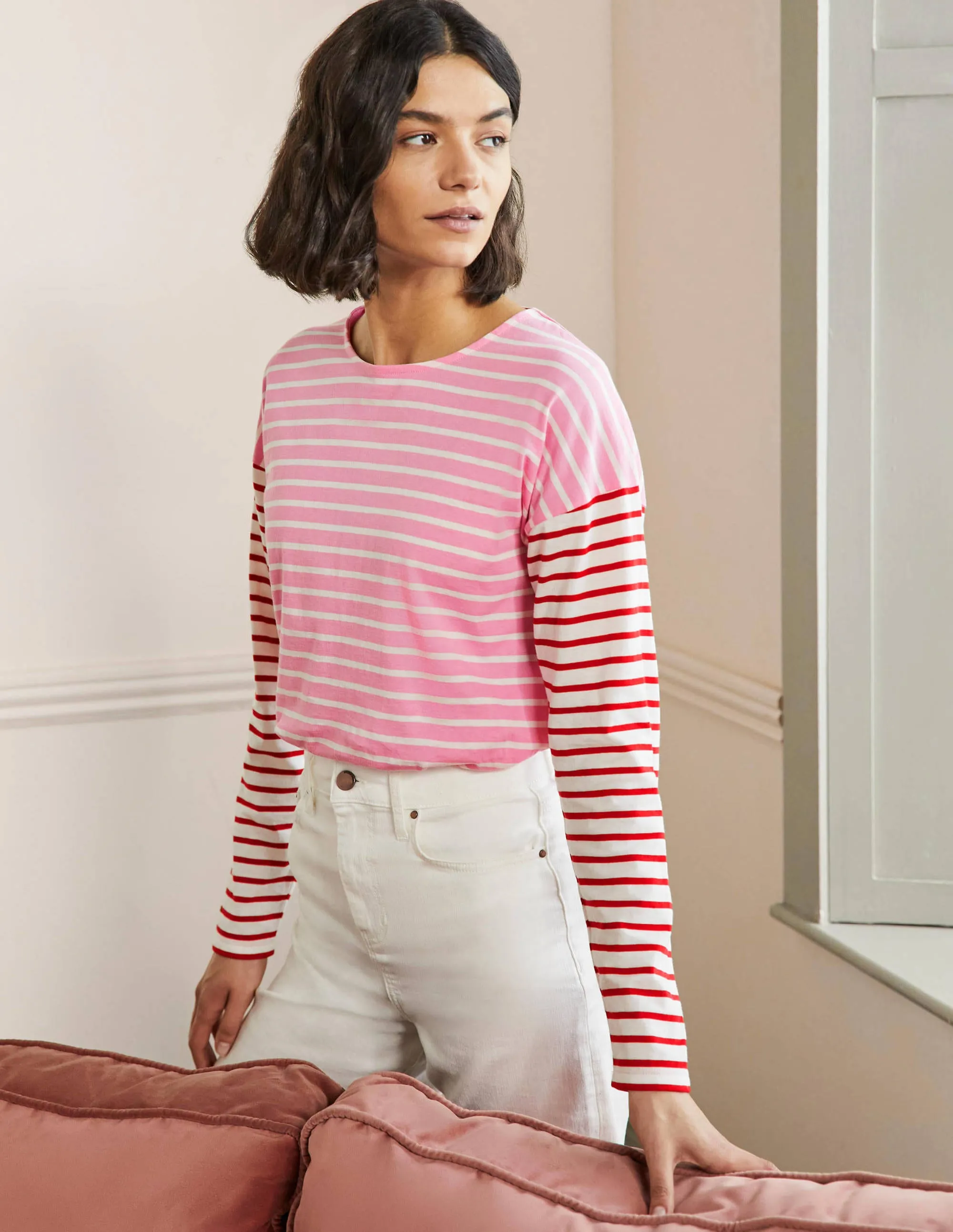 Dropped Shoulder Breton Top-Sachet Pink / Ivory Stripe