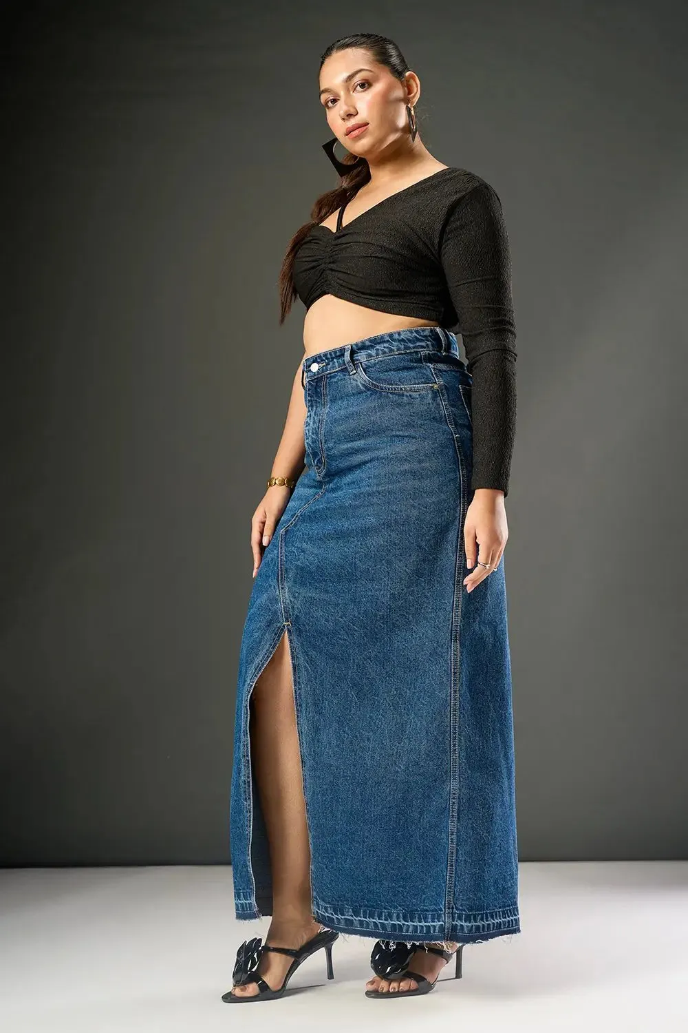 Dusk Blue Curve Mid Slit Maxi Skirt