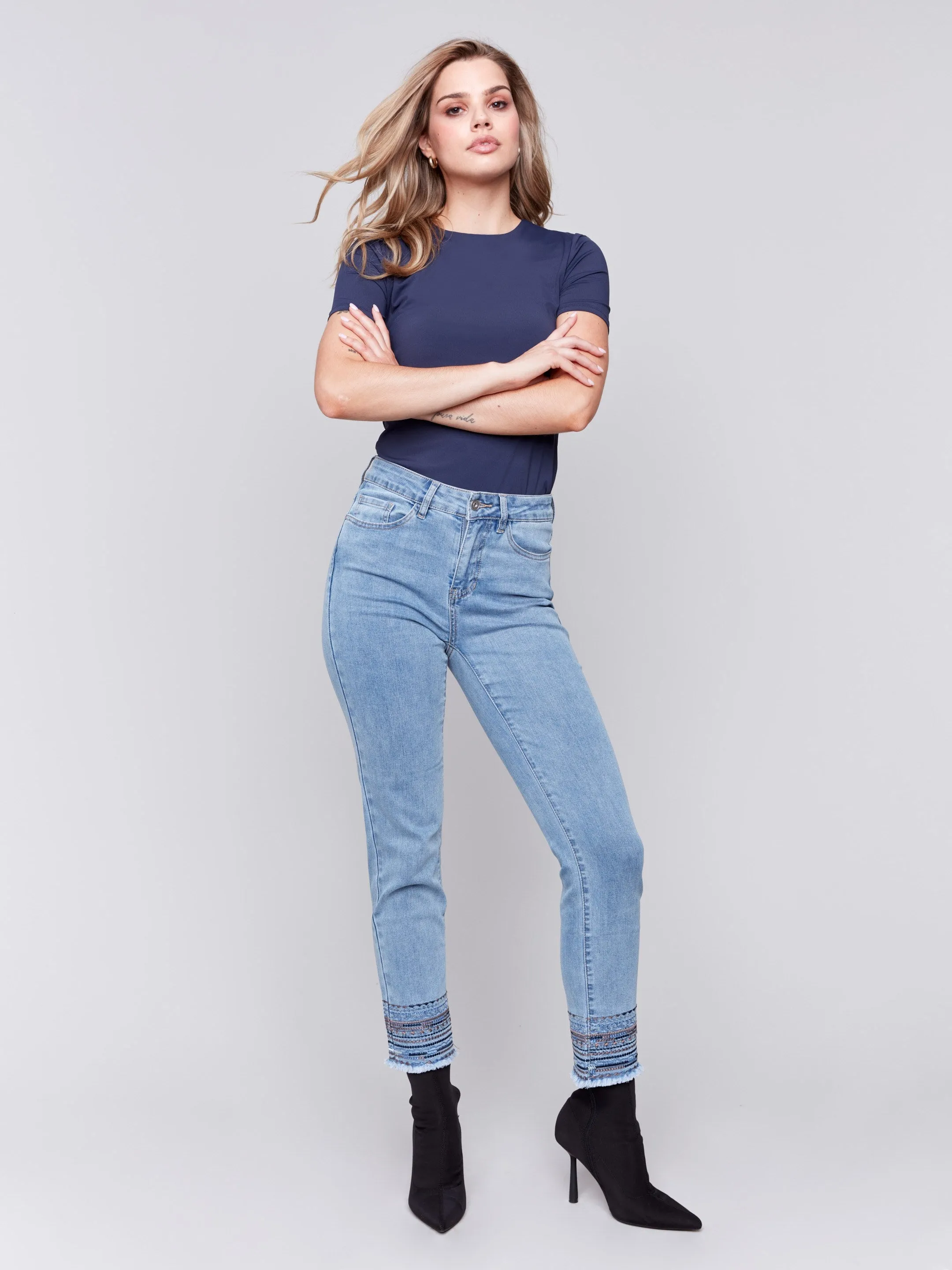 Embroidered Hem Jeans - Light Blue